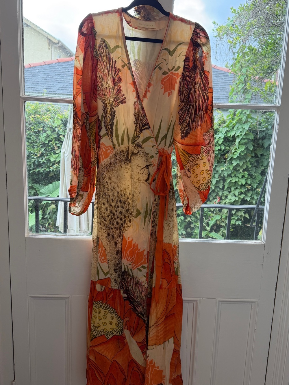 Carolna K Cheetah Printed Orange Floral Wrap Maxi Dress with Long Sleeves